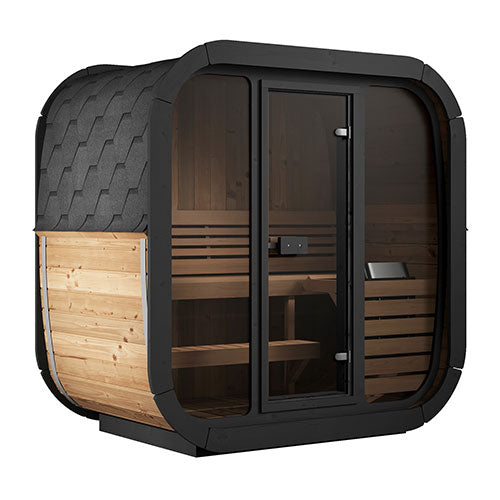 SaunaLife traditional outdoor home sauna kit with curved glass door and wooden interior benches