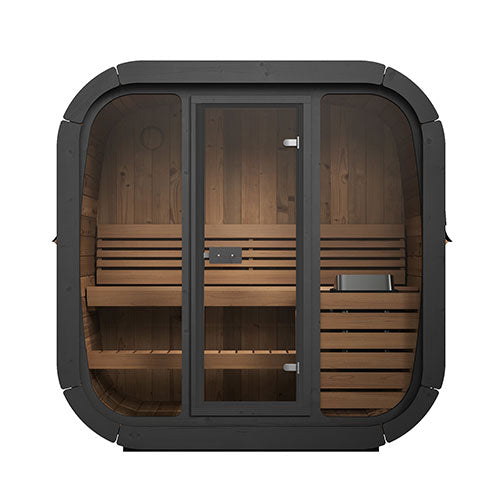 SaunaLife traditional wooden outdoor home sauna kit with glass door and interior benches