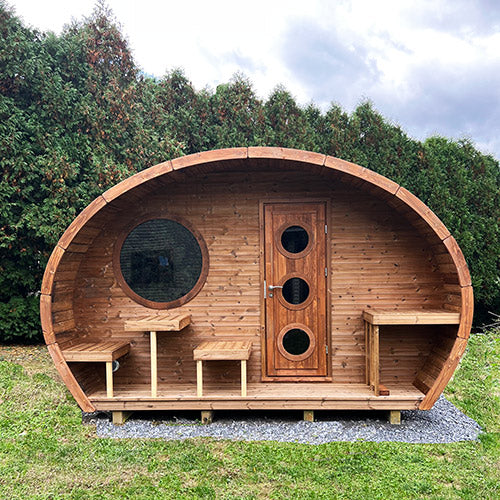 SaunaLife traditional wooden outdoor home sauna kit with round window and curved roof design