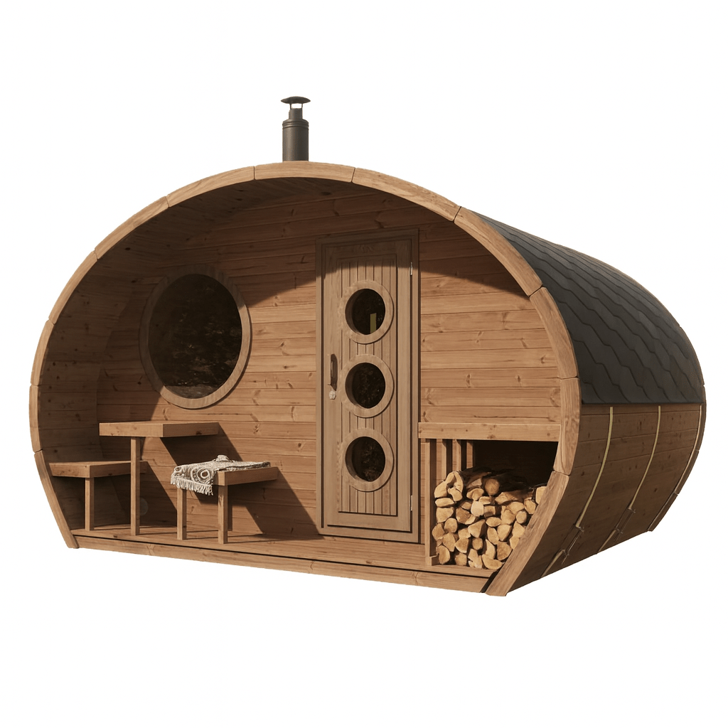 SaunaLife outdoor home sauna kit with round design, wooden exterior, and built-in seating