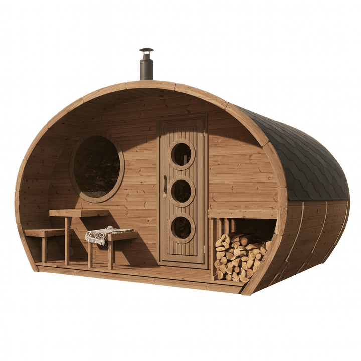 SaunaLife outdoor home sauna kit with round design, wooden exterior, and built-in seating