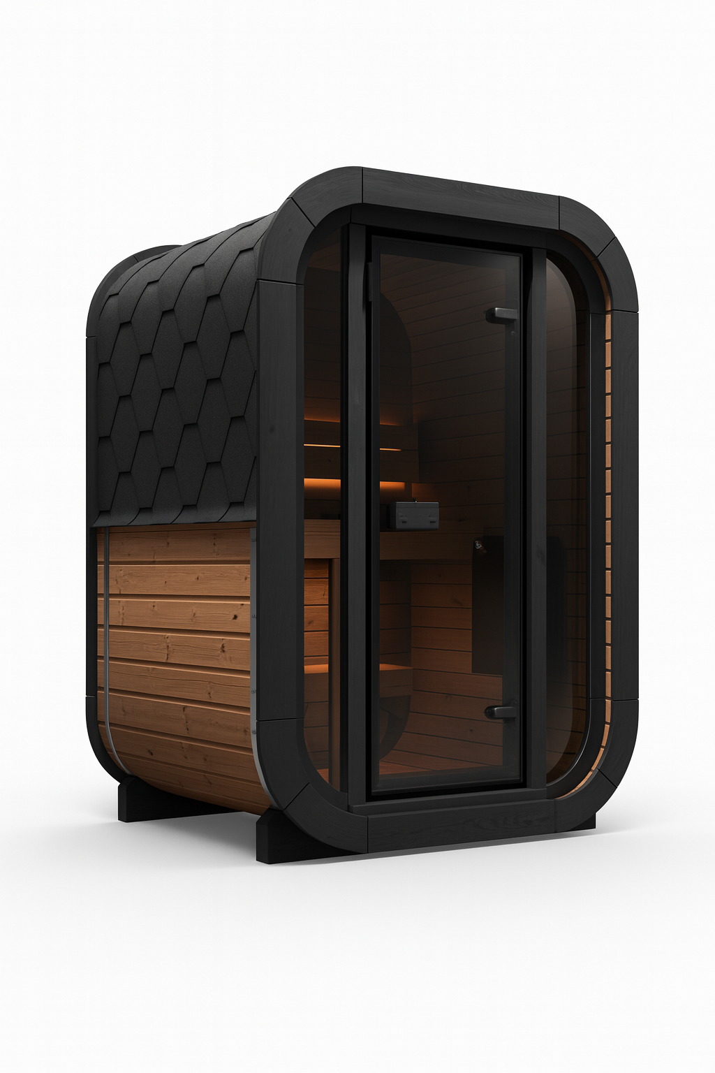 SaunaLife traditional outdoor home sauna kit with wooden panels and black framed glass door