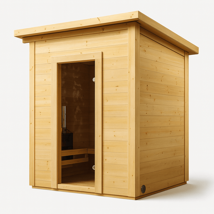Traditional outdoor home sauna kit from SaunaLife featuring natural wood and large entrance