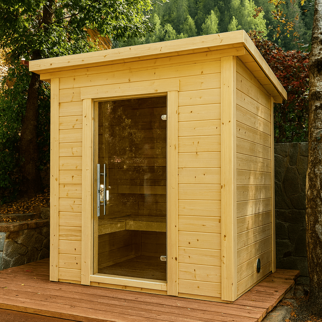 SaunaLife Outdoor Home Sauna Kit with Natural Wood Finish and Large Glass Door for Relaxation