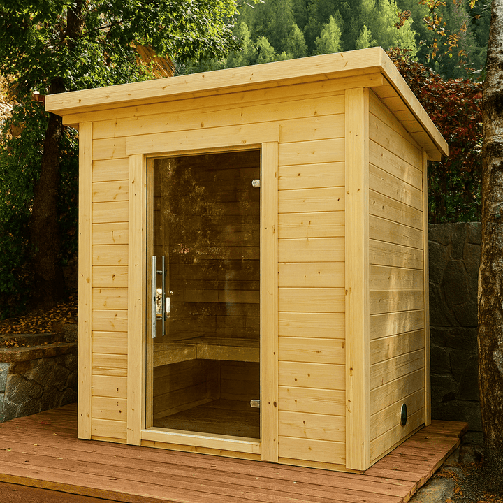 SaunaLife Outdoor Home Sauna Kit with Natural Wood Finish and Large Glass Door for Relaxation