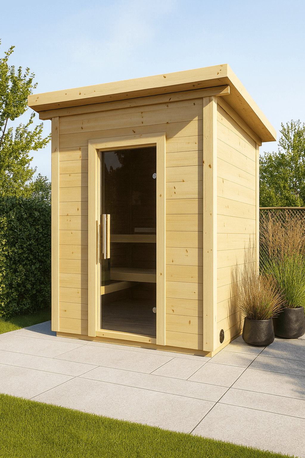 SaunaLife outdoor home sauna kit designed for relaxation in your backyard with wooden construction