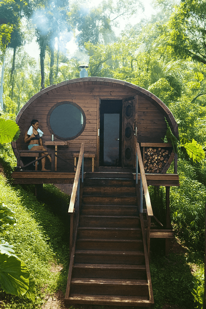 Traditional sauna from SaunaLife, perfect outdoor home sauna kit set in a lush green landscape