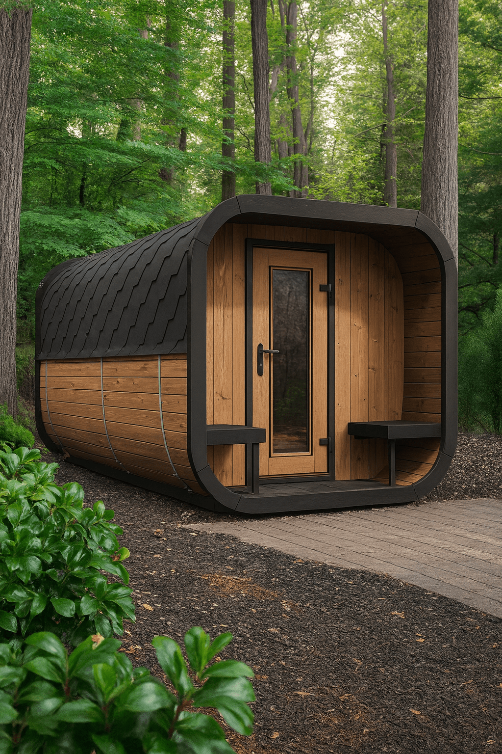 Outdoor home sauna suite by My Luxury Home Spa nestled in a serene forest setting