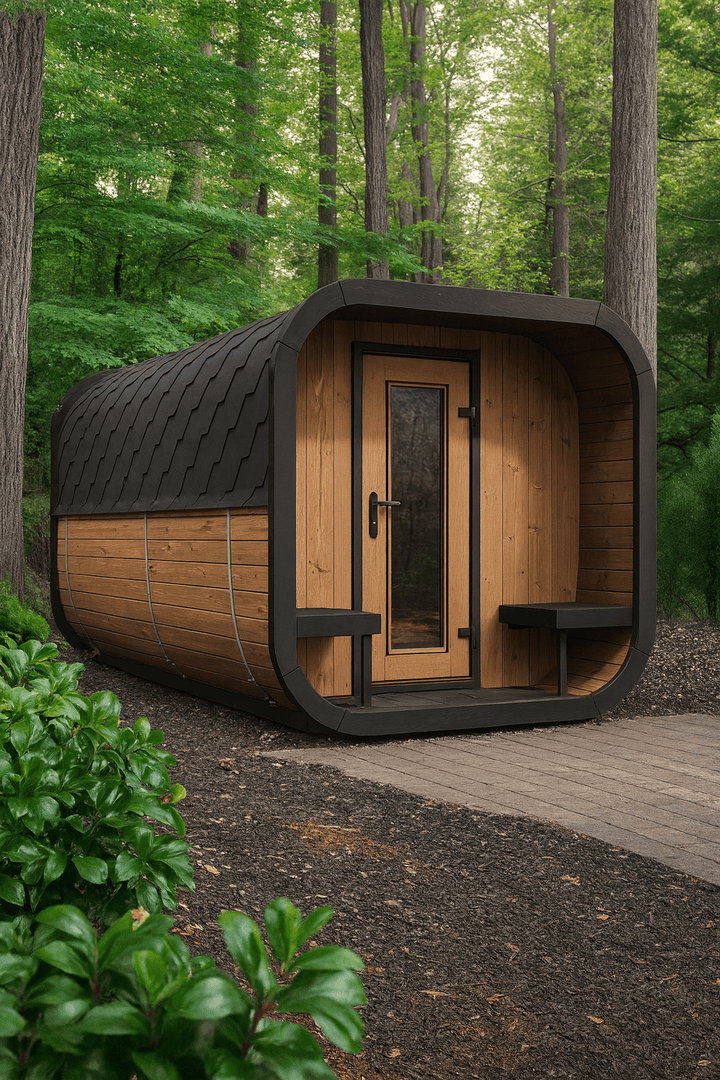 Outdoor home sauna suite by My Luxury Home Spa nestled in a serene forest setting