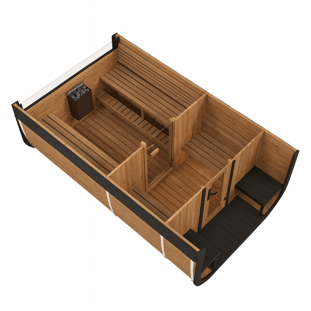 A spacious outdoor home sauna suite featuring wooden benches, a heating stove, and ample relaxation space