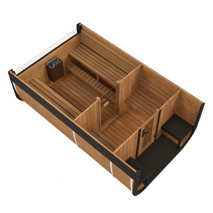A spacious outdoor home sauna suite featuring wooden benches, a heating stove, and ample relaxation space