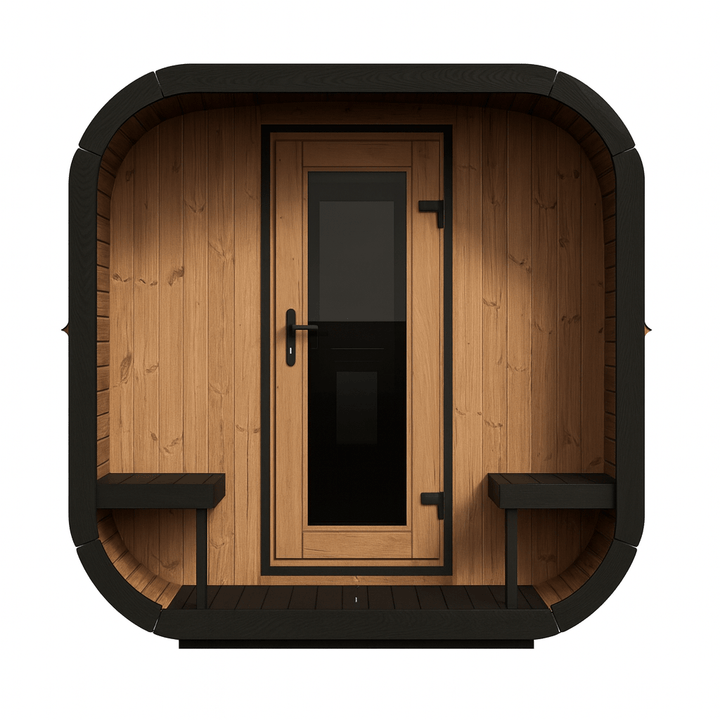Outdoor home sauna suite by My Luxury Home Spa with wooden walls and a sleek black exterior