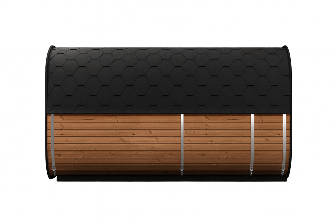 My Luxury Home Spa outdoor home sauna suite with a sleek black roof and elegant wooden panels