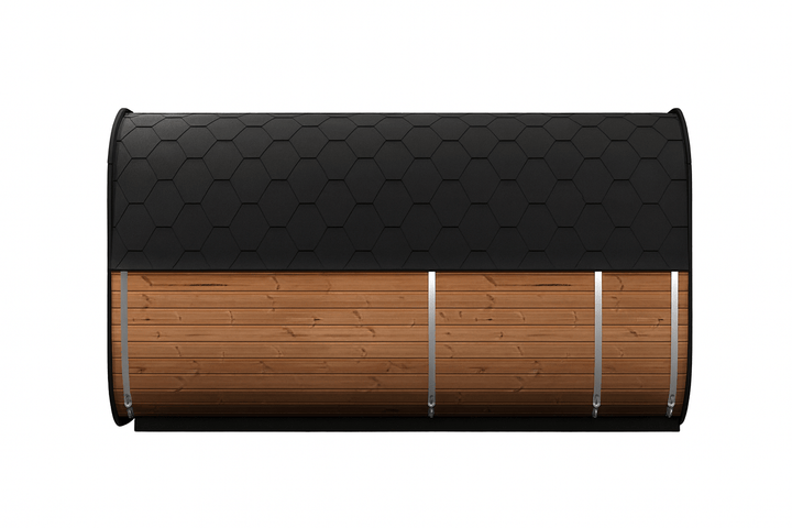 My Luxury Home Spa outdoor home sauna suite with a sleek black roof and elegant wooden panels