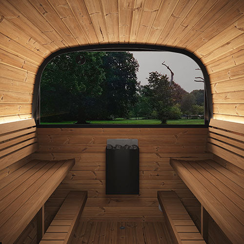 Interior of My Luxury Home Spa traditional outdoor home sauna suite with wooden benches and heater
