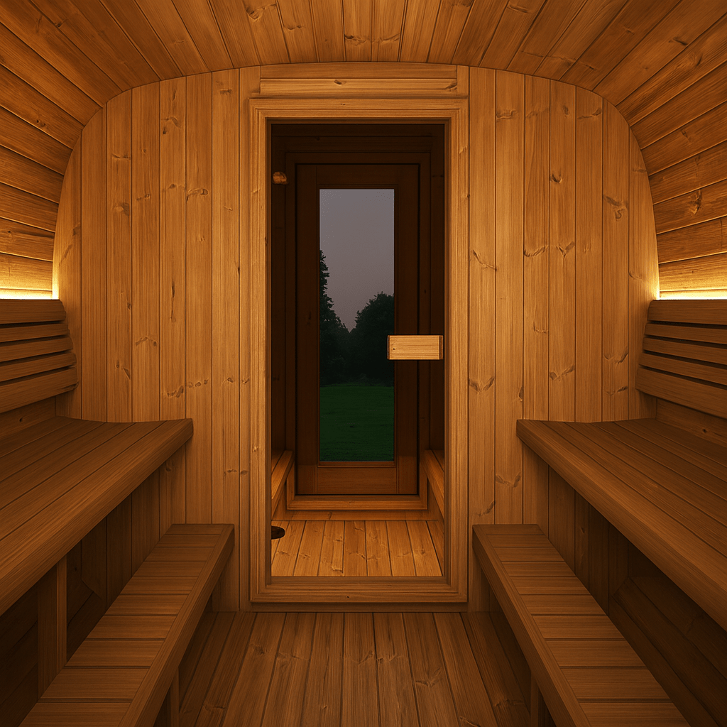 Cozy interior of a My Luxury Home Spa outdoor home sauna suite with wooden benches and inviting ambiance