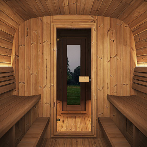 Interior view of My Luxury Home Spa traditional outdoor home sauna suite with wooden benches and glass door
