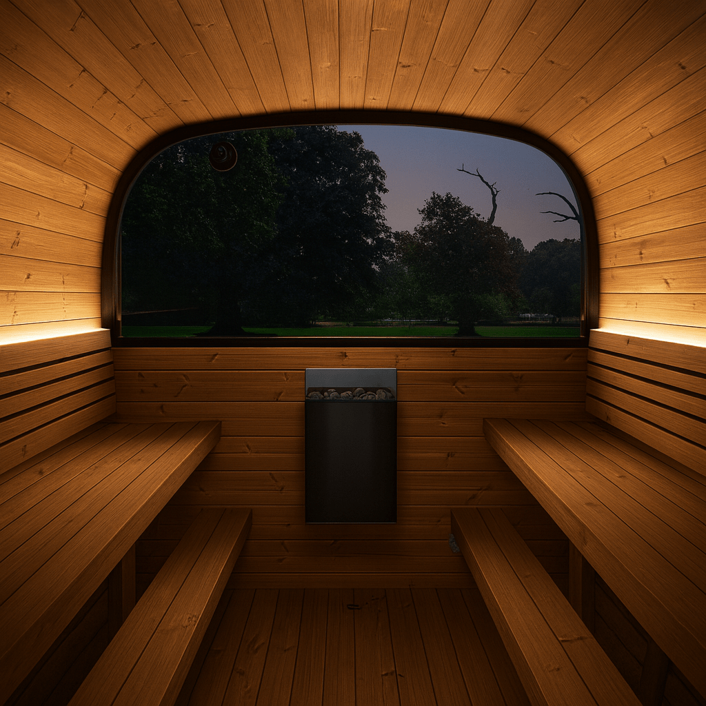 Cozy interior of an outdoor home sauna suite featuring warm wood tones and ambient lighting