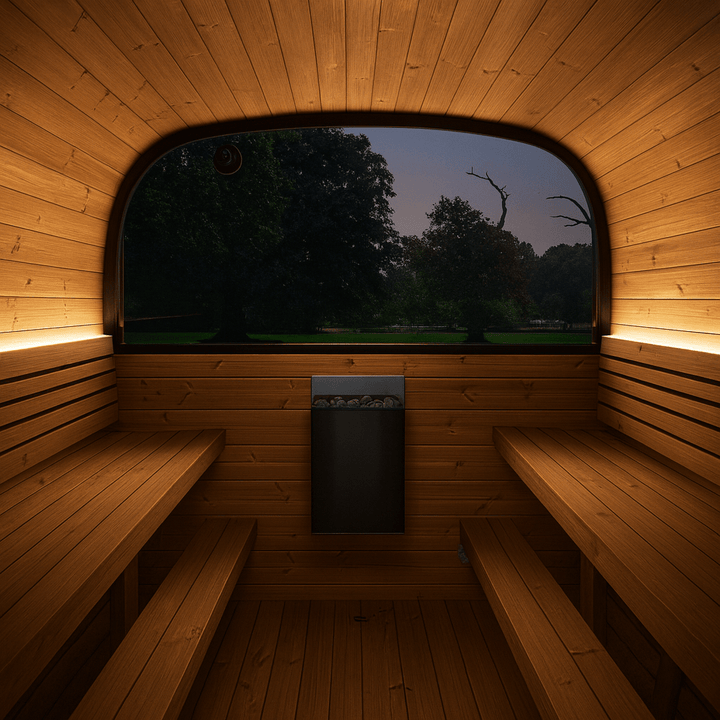 Cozy interior of an outdoor home sauna suite featuring warm wood tones and ambient lighting