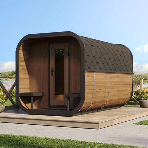 My Luxury Home Spa traditional outdoor home sauna suite with wooden exterior and curved roof on deck