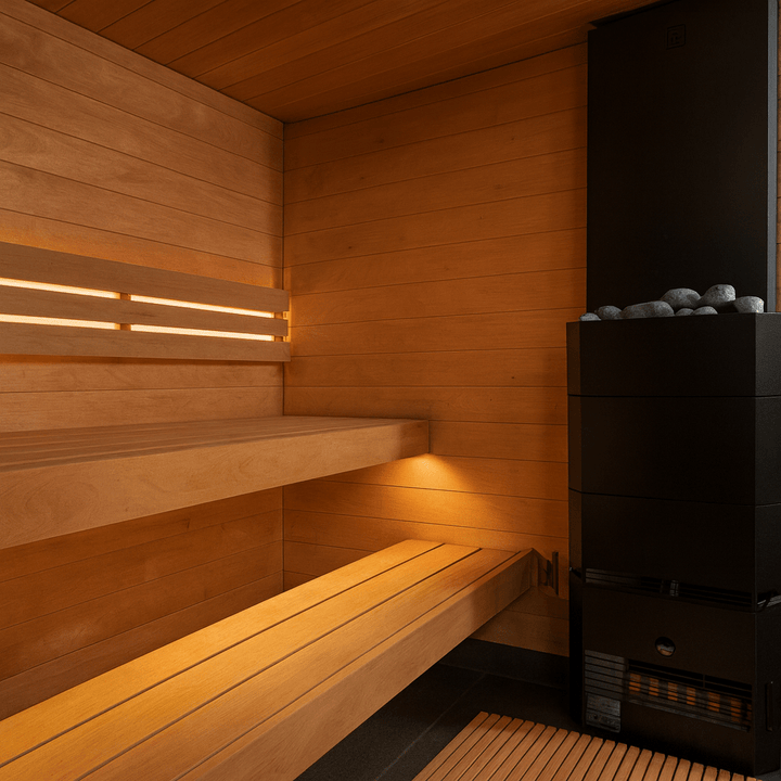 Warm and inviting indoor view of an outdoor pre-assembled sauna with wooden benches and a heater