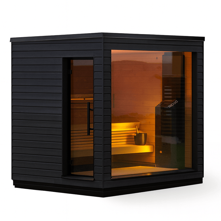 Outdoor pre-assembled sauna by SaunaLife with large glass windows and wooden interior.