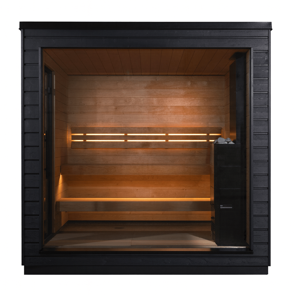 Outdoor pre-assembled sauna by SaunaLife with wooden interior and ambient lighting for relaxation