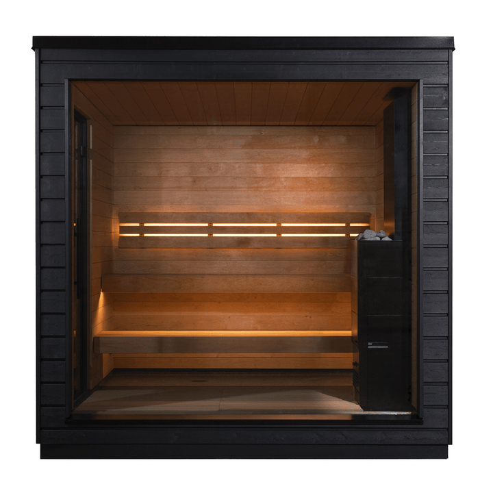Outdoor pre-assembled sauna by SaunaLife with wooden interior and ambient lighting for relaxation