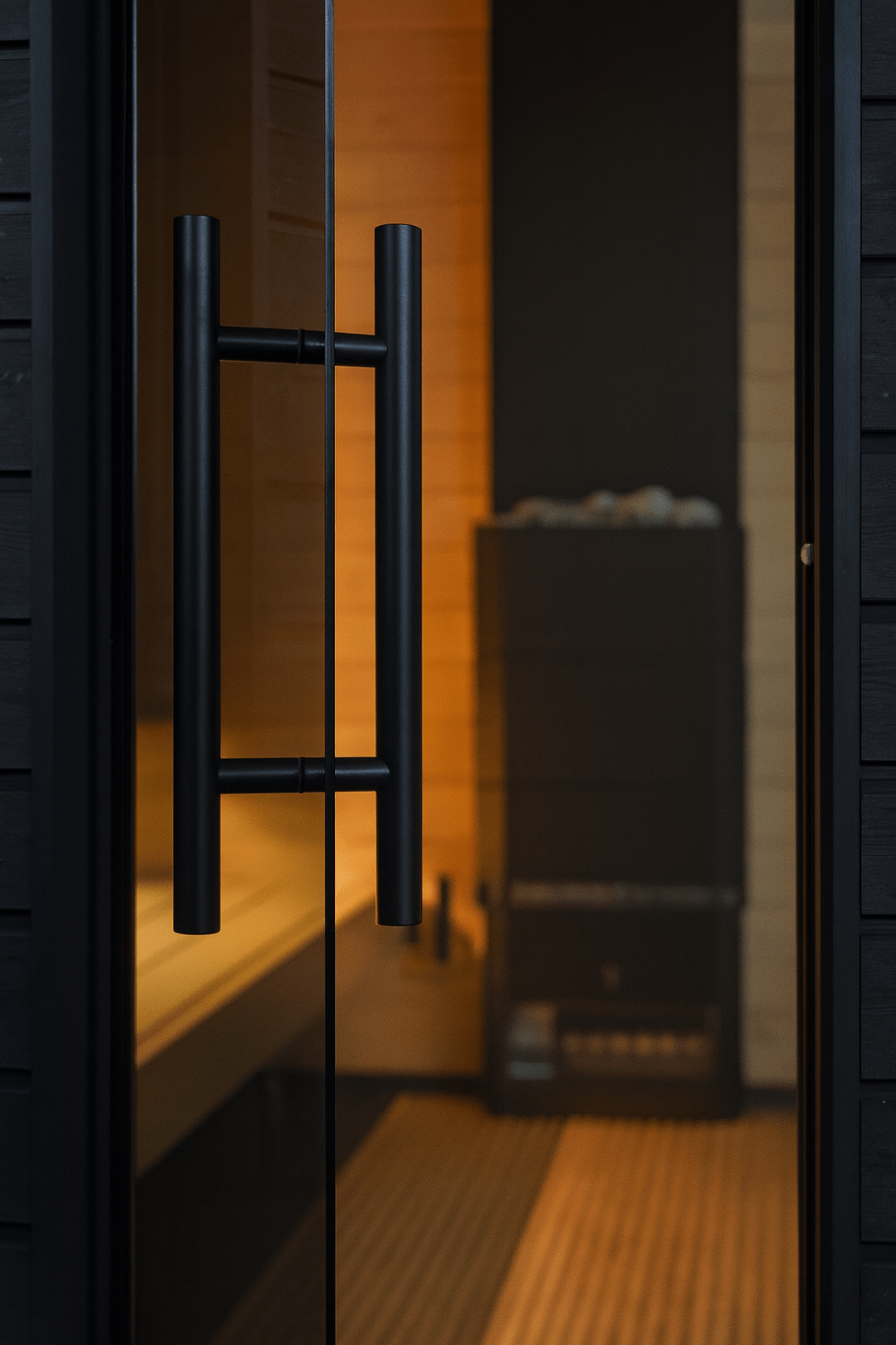 Close-up of a sleek black door handle, leading into an outdoor pre-assembled sauna with warm lighting