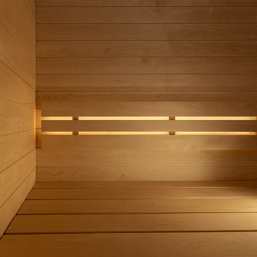 Cozy interior of a SaunaLife outdoor pre-assembled sauna featuring warm wood paneling and soft lighting