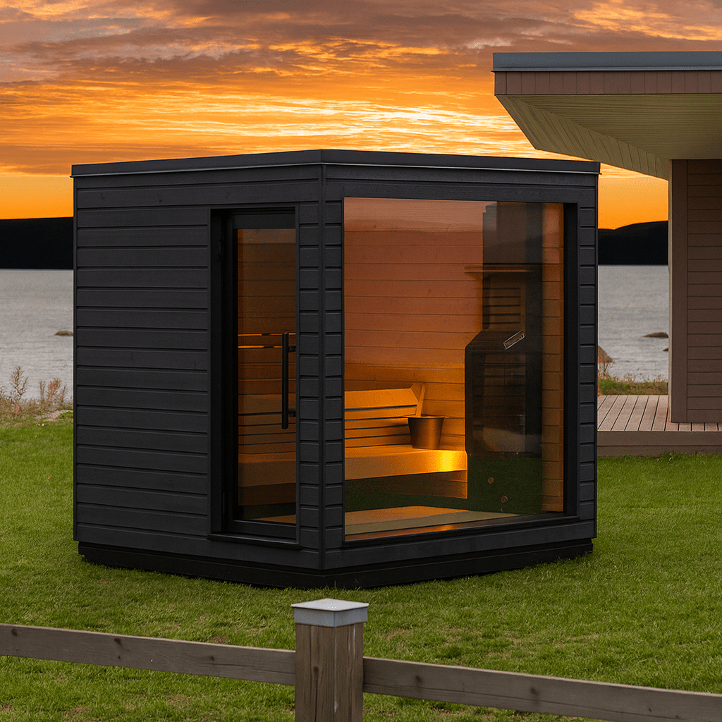 Outdoor pre-assembled sauna by SaunaLife with a modern design and scenic sunset view