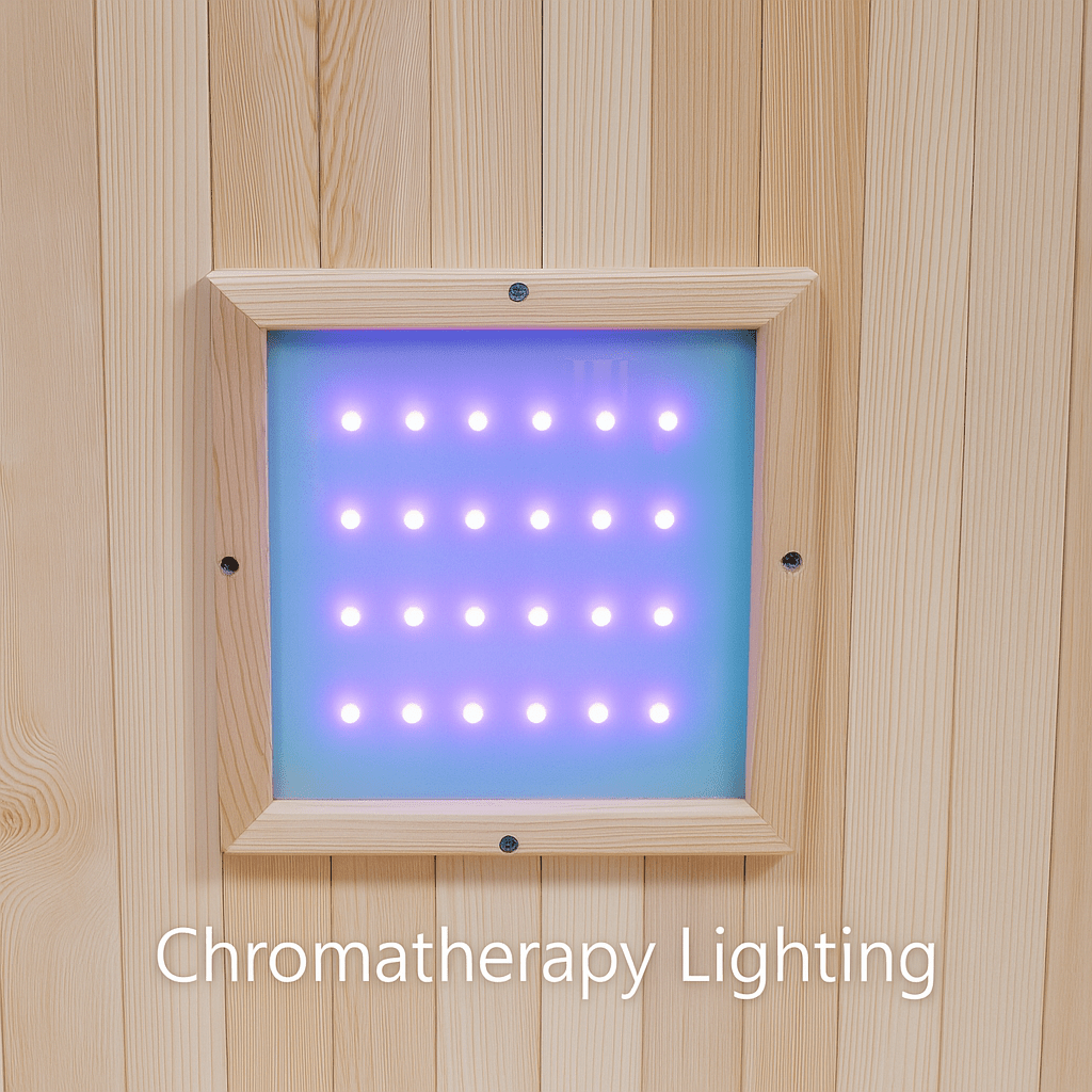 Chromatherapy lighting panel in a traditional sauna designed for a 2-person outdoor sauna experience