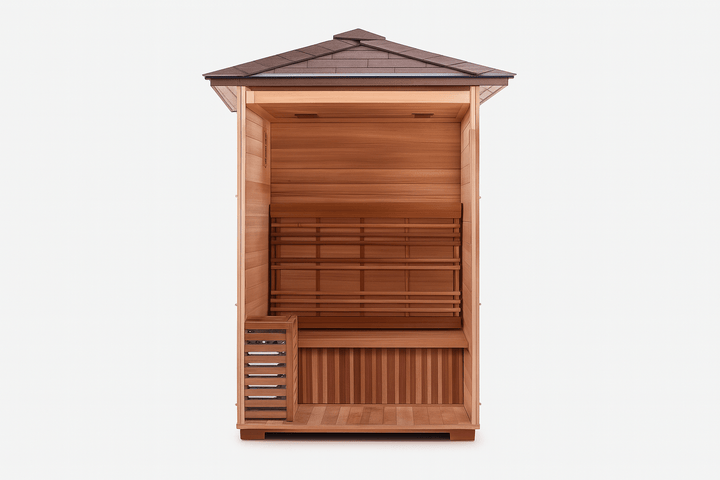 SunRay 2-person outdoor sauna with spacious interior and natural wood benches