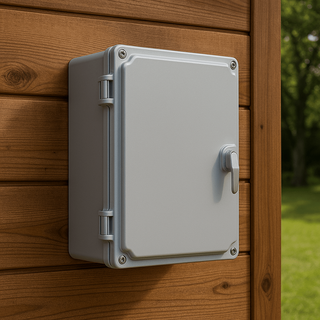 Outdoor sauna electrical enclosure mounted on wooden sauna wall for safe electrical connections