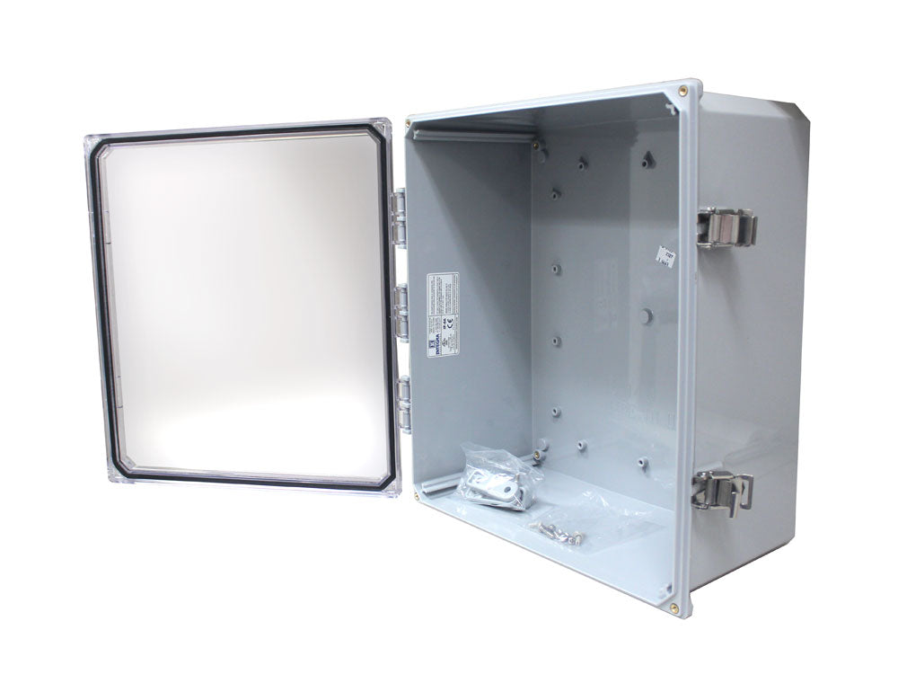 SaunaLife outdoor spa lighting equipment box with open hinged door and secure latches