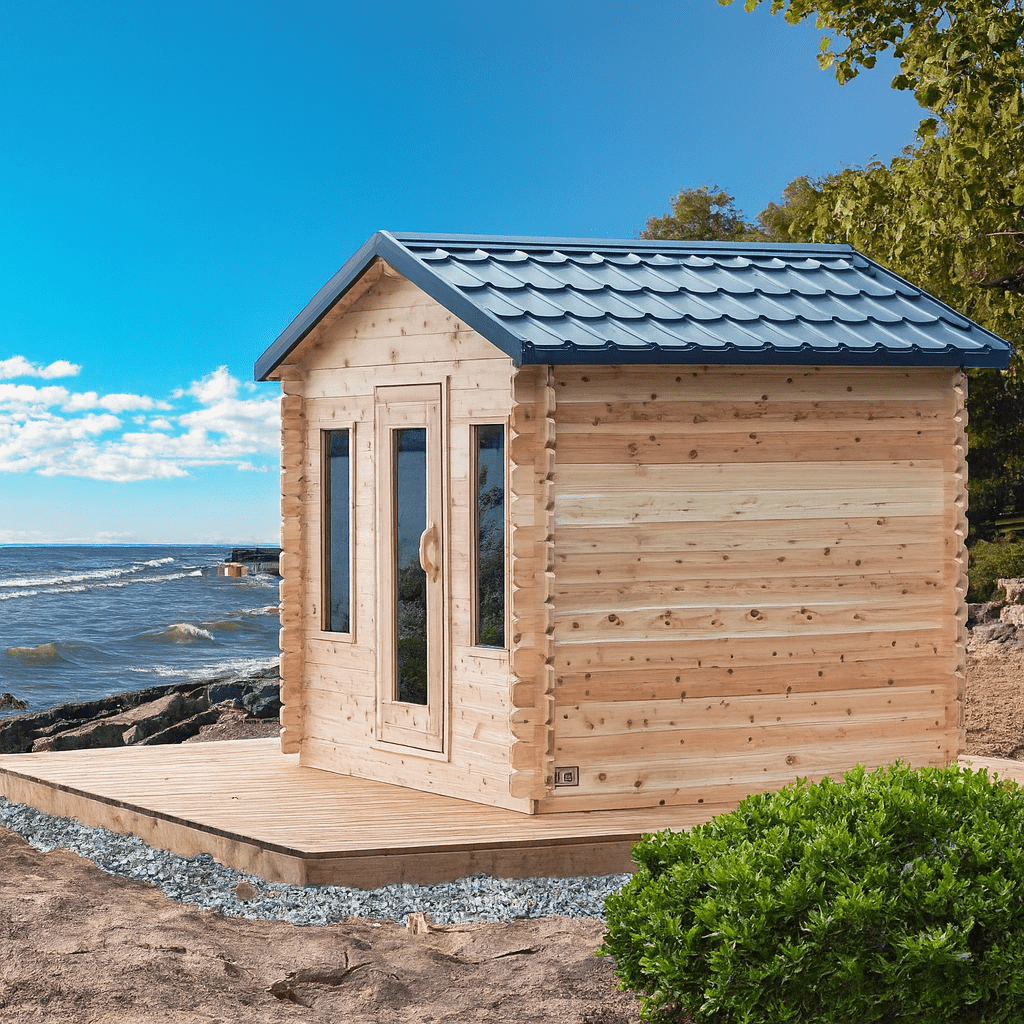 Leisurecraft outdoor wooden sauna with wooden exterior, set by a scenic waterfront view