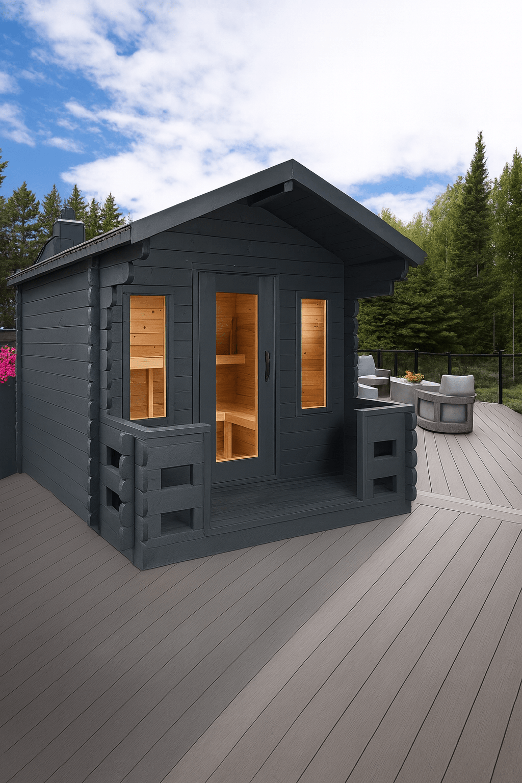 Leisurecraft outdoor wooden sauna cabin with large glass doors, perfect for relaxation in nature