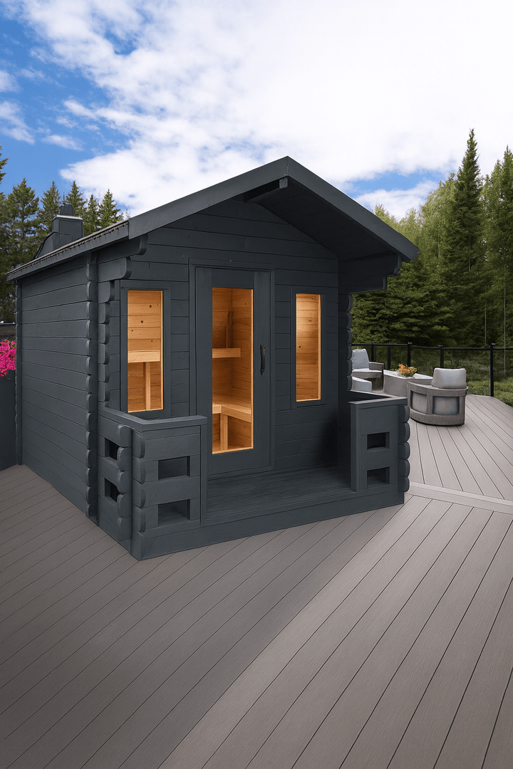Leisurecraft outdoor wooden sauna cabin with large glass doors, perfect for relaxation in nature