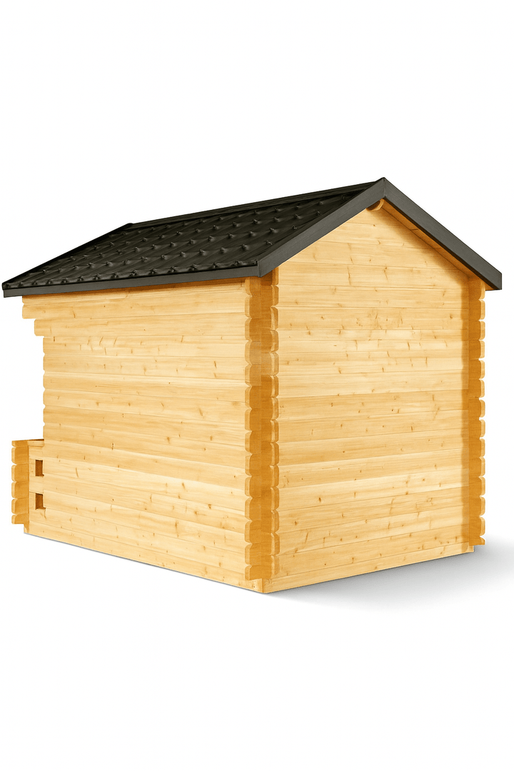Leisurecraft outdoor wooden sauna cabin with natural wood finish and sloped roof design