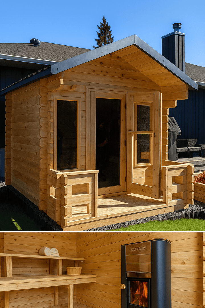 Leisurecraft outdoor wooden sauna cabin with a rustic design and cozy interior features