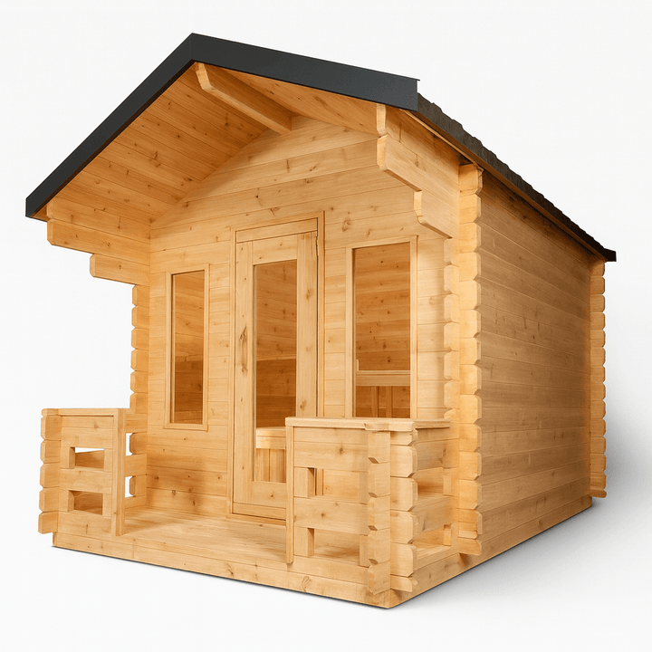 Leisurecraft outdoor wooden sauna cabin with a cozy design and spacious entryway
