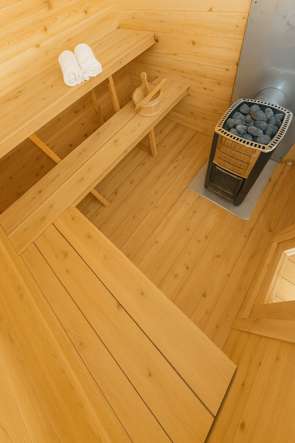 Interior view of a Leisurecraft outdoor wooden sauna cabin featuring wooden benches and a stone heater