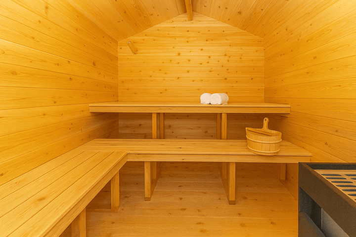 Cozy interior of an outdoor wooden sauna cabin featuring wooden benches and a stone heater