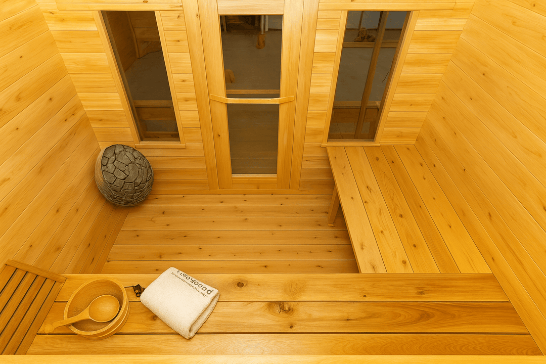 Interior view of a Leisurecraft outdoor wooden sauna cabin featuring natural wood finishes and benches