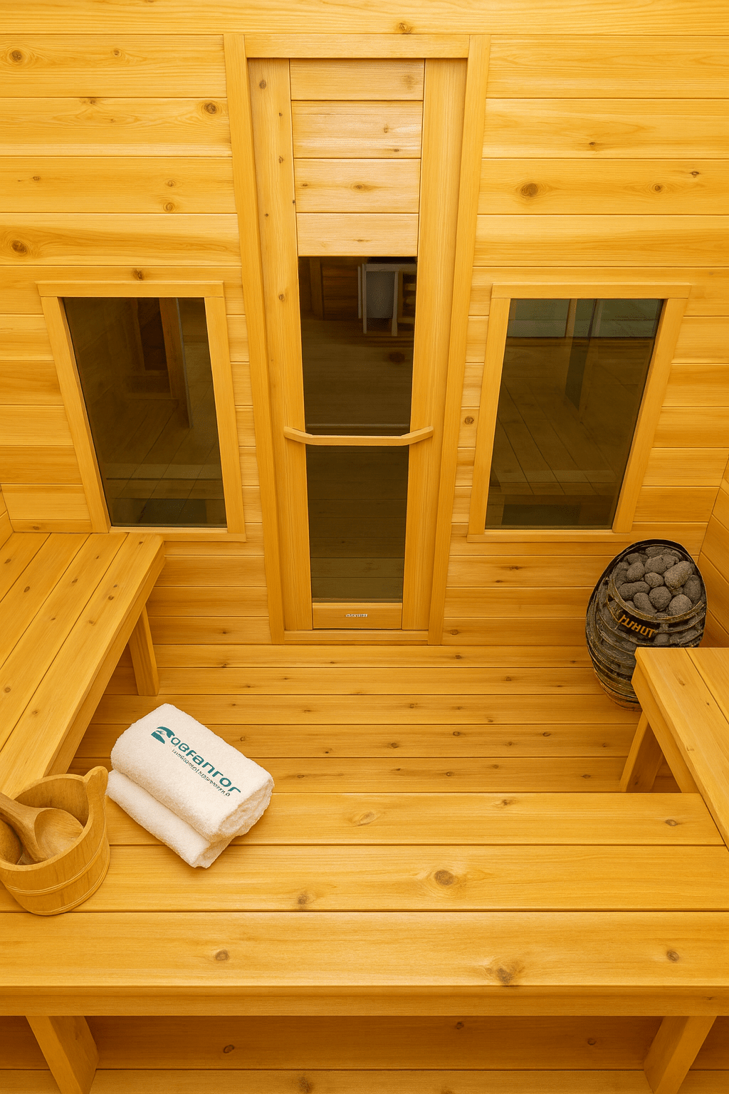 Spacious outdoor wooden sauna cabin interior with wooden benches and towel, perfect for relaxation