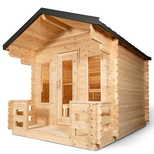Leisurecraft outdoor wooden sauna cabin made of natural wood with front porch and glass door