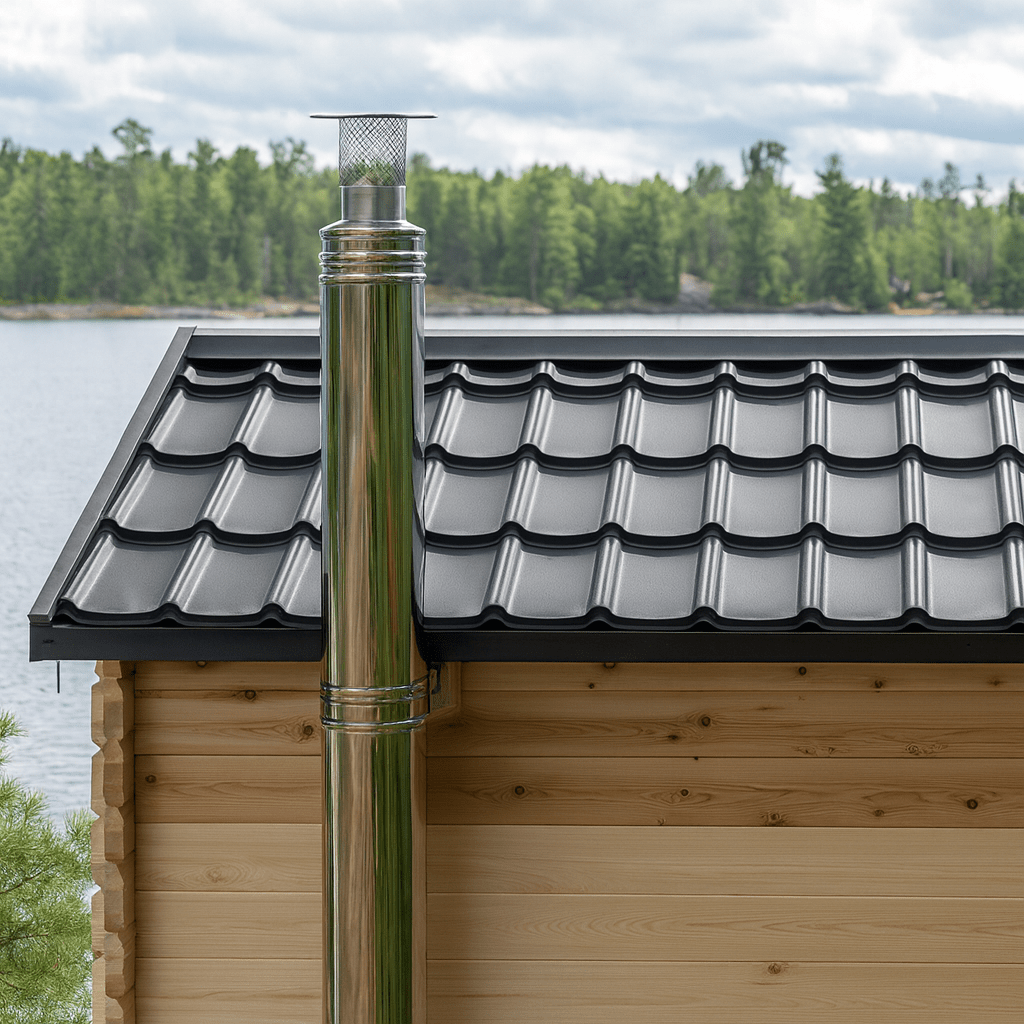 Leisurecraft outdoor wooden sauna with a sleek metal chimney and black roof design near a serene lake