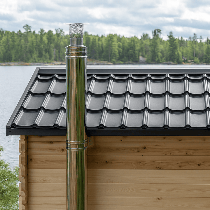 Leisurecraft outdoor wooden sauna with a sleek metal chimney and black roof design near a serene lake