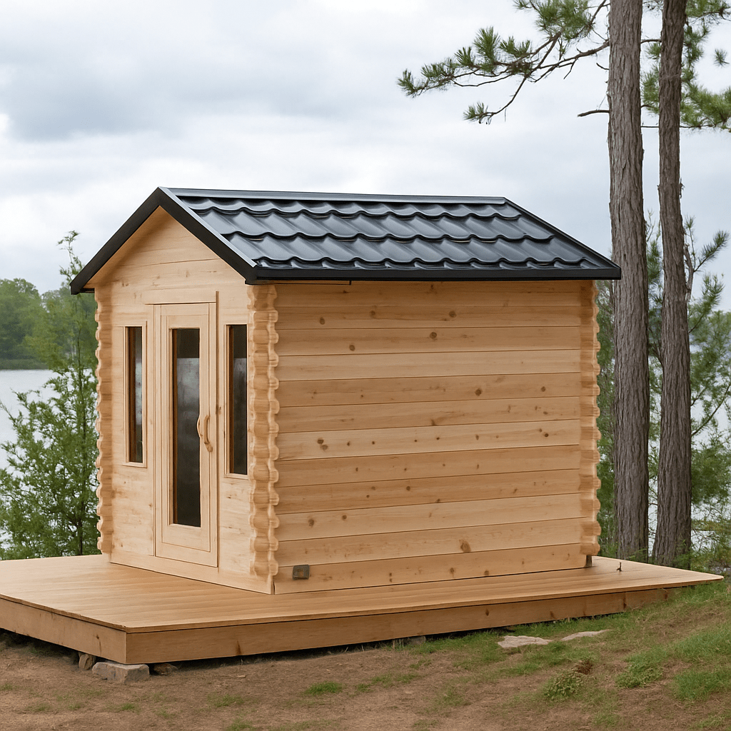 Leisurecraft outdoor wooden sauna with a natural wood finish, located near a scenic lake.
