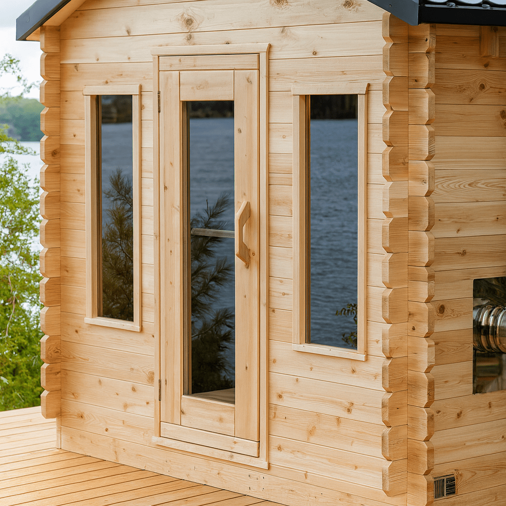 Leisurecraft outdoor wooden sauna with large windows and a stylish wooden exterior for relaxation